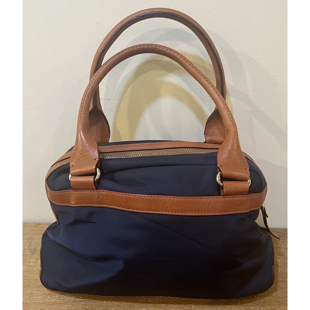 Kate Spade NY Navy Nylon Satchel Brown‎ Leather Trim Mini Bowler Top Handle Bag